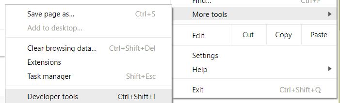 Chrome Developer Tools menu