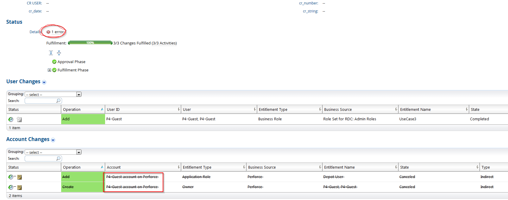 Example of issue under Account Changes