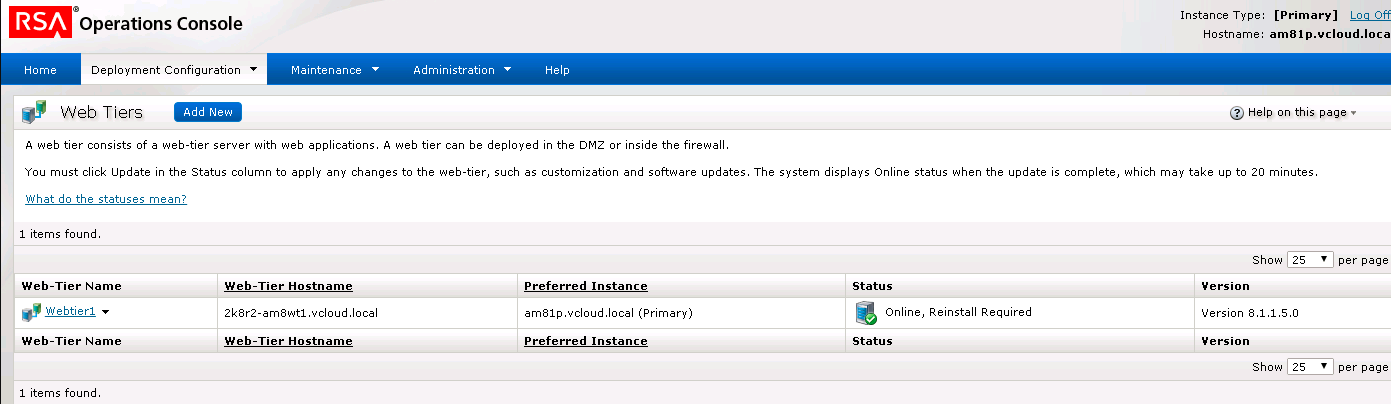 Online, Reinstall Required message on web tier after reinstalling with the  new RSA Authentication Manager 8.x web tier package