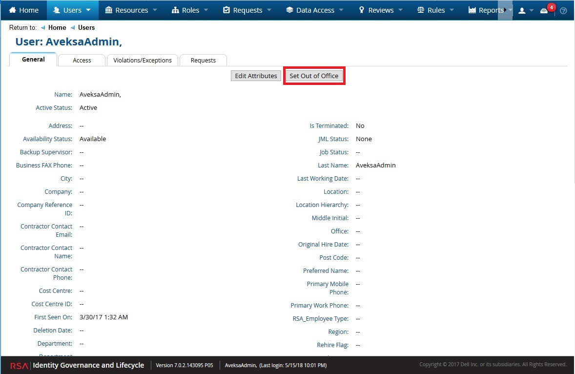 Set Out Of Office button