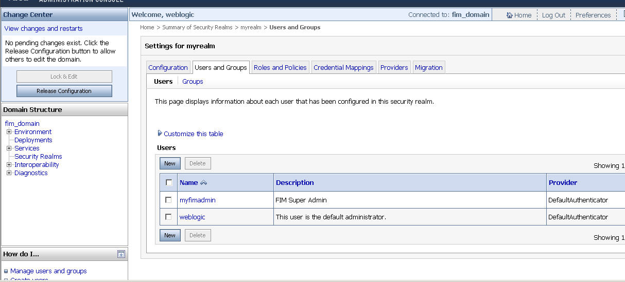 weblogic console showing default realms