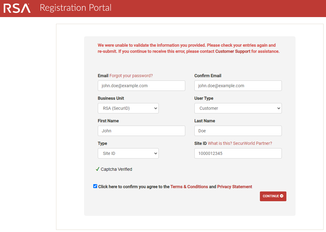 Unable to Validate error message on the Registration Portal