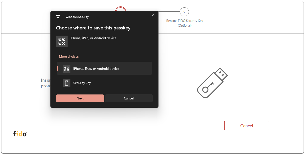 Windows Security dialog window asking where to save the passkey