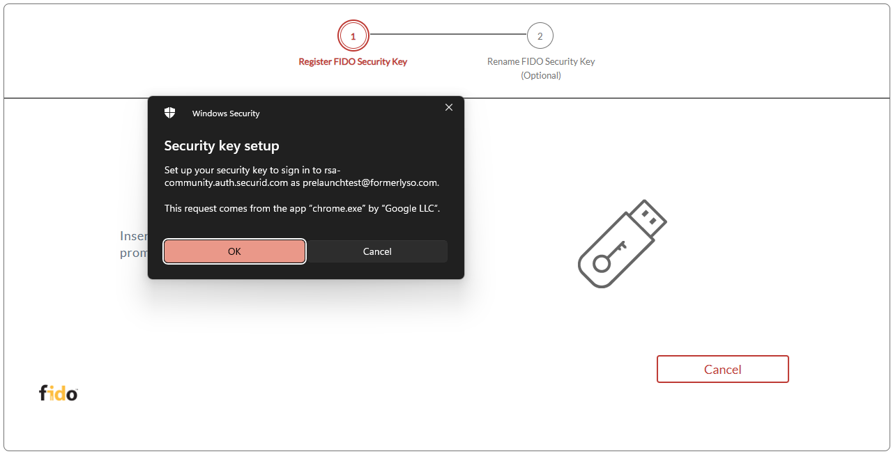 The security key setup dialog window