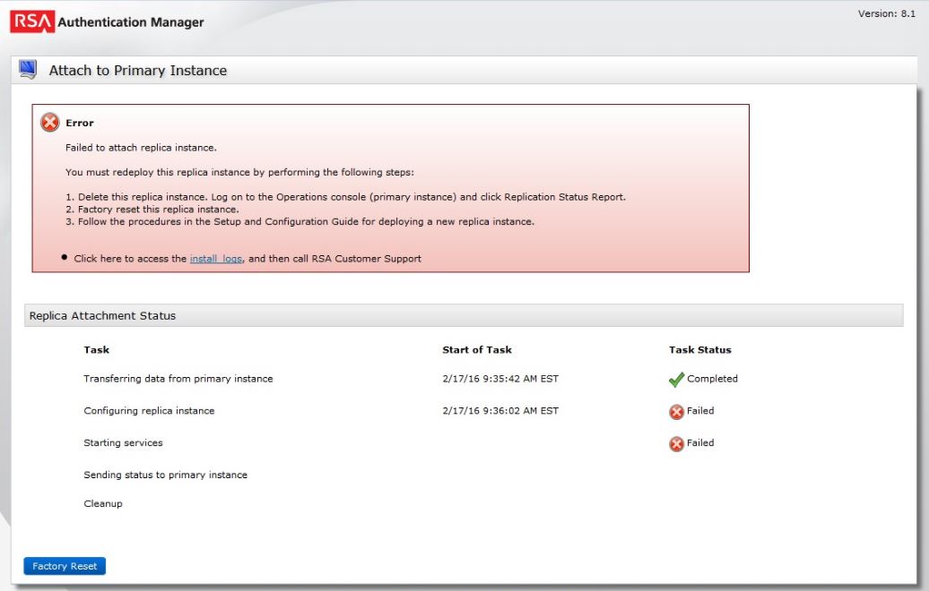 Error: Failed to attach replica instance