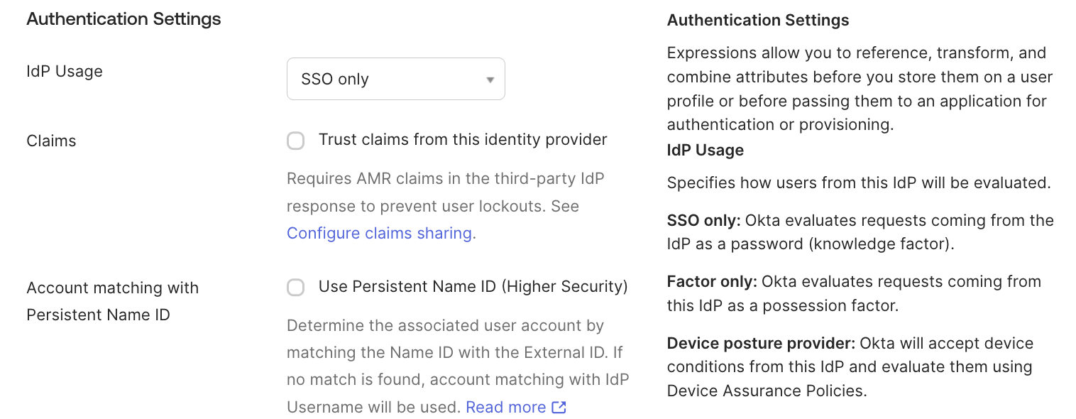 Okta authentication settings for SSO only