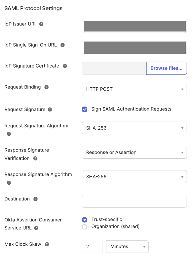 SAML protocol settings for the RSA identity provider in Okta