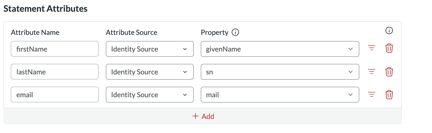 RSA Statement Attributes configured for first name, last name, and email