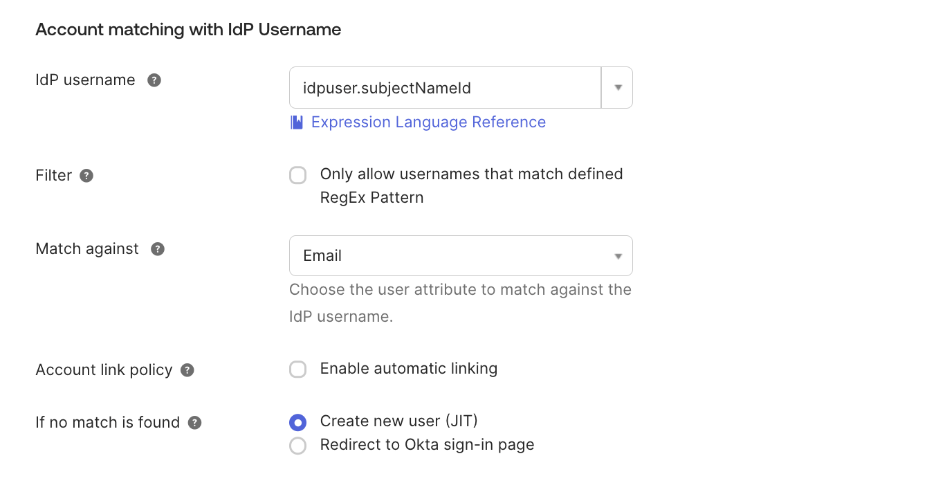 Account matching settings for the identity provider