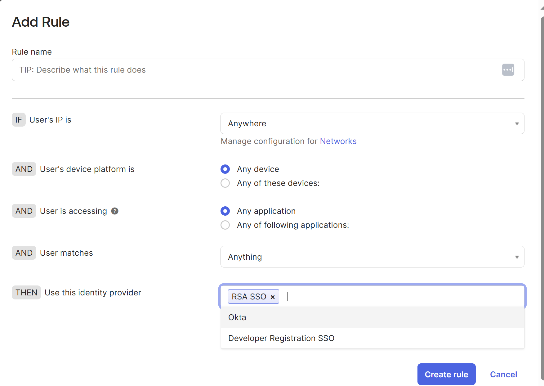 Okta routing rule configured to use the RSA identity provider