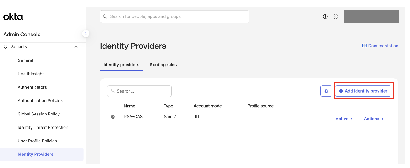 Add Identity Provider option in the Okta Admin Console
