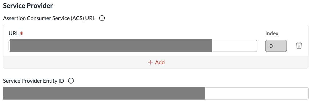 RSA Service Provider section with temporary ACS URL and Entity ID values