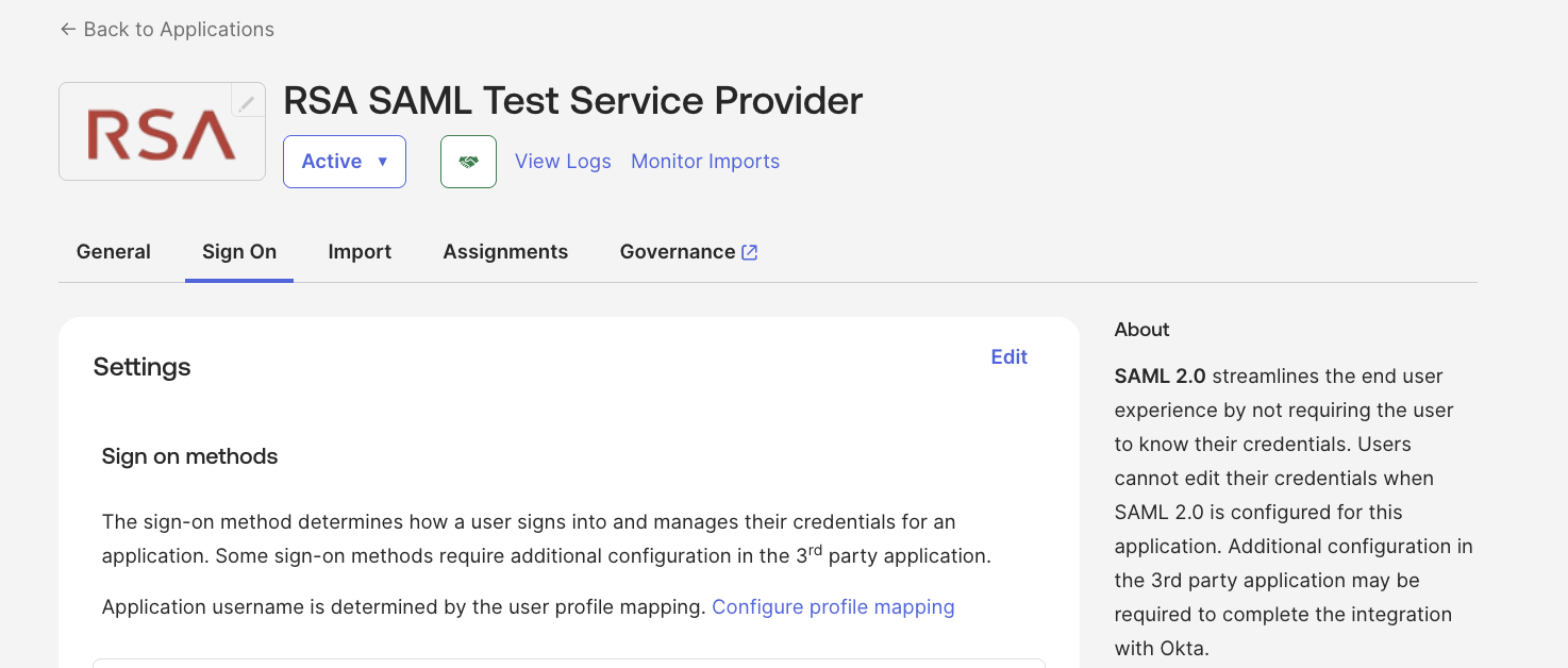 Okta application Sign On tab