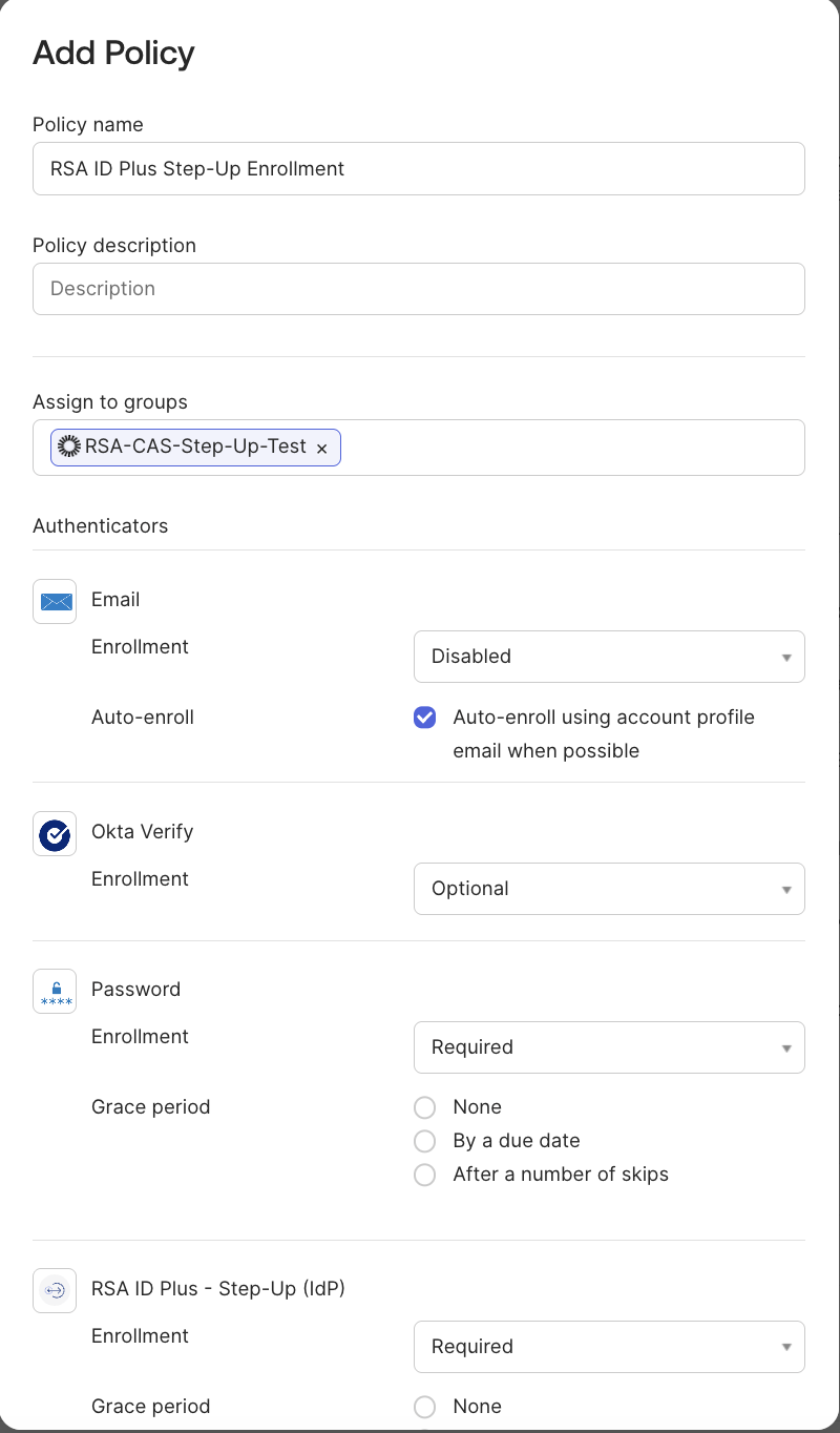 Okta authenticator enrollment policy assigned to the RSA step-up group