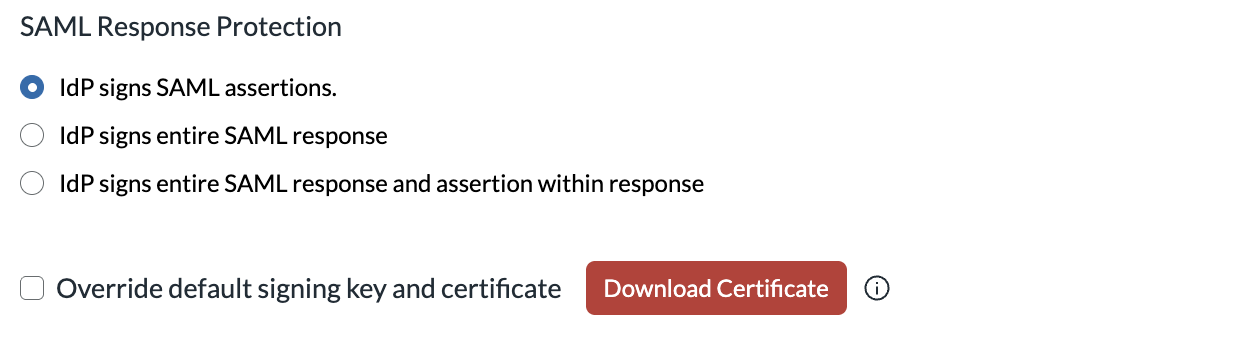 RSA SAML Response Protection settings and Download Certificate button