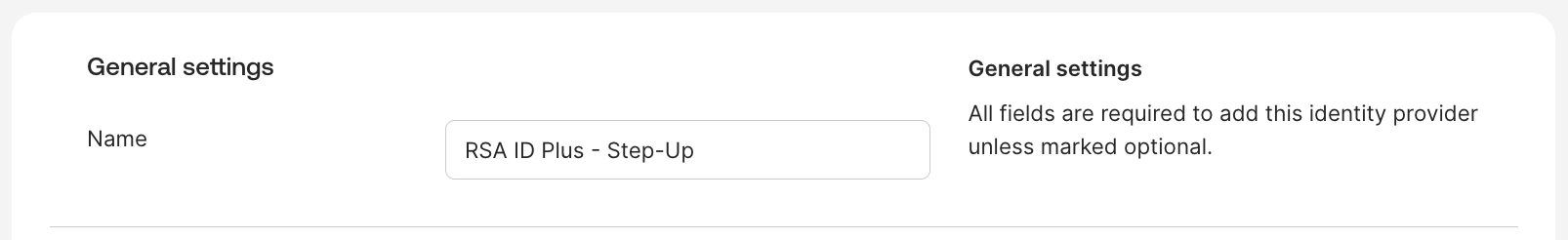 Okta General settings with a name for the RSA step-up identity provider