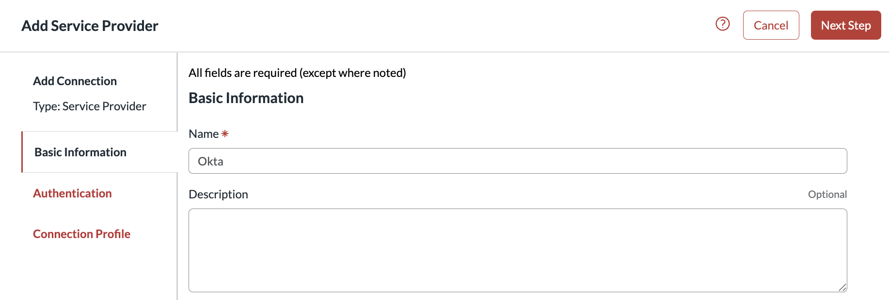 RSA Basic Information page with Okta entered as the application name