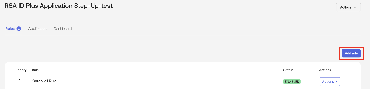 Okta application authentication policy with Add rule highlighted