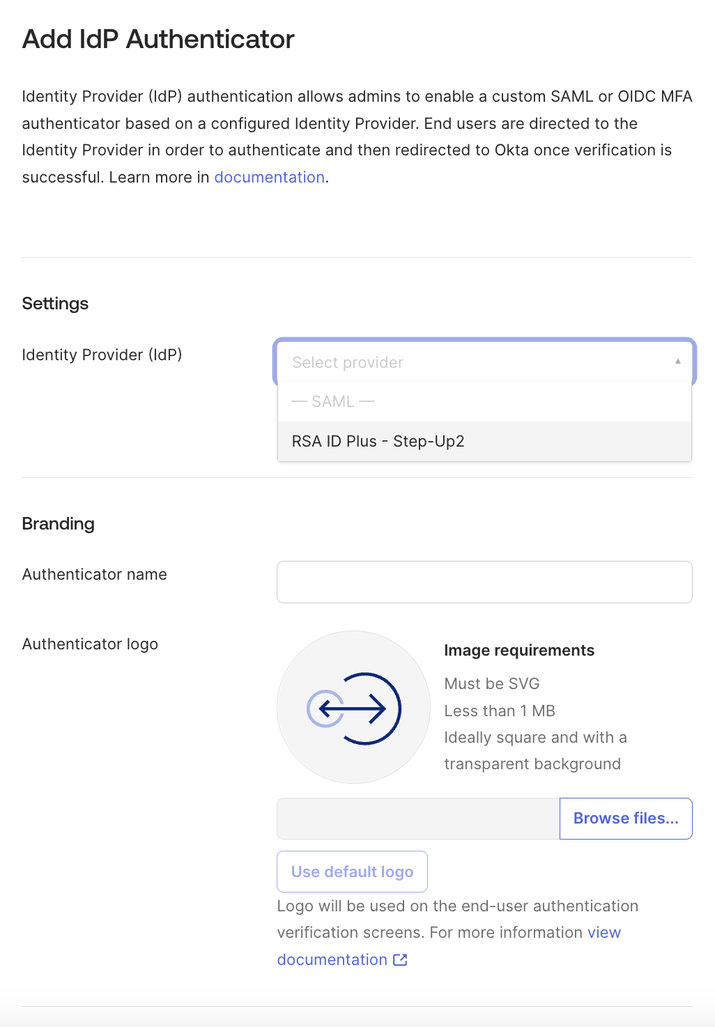 Okta Add IdP Authenticator page with the RSA step-up IdP selected