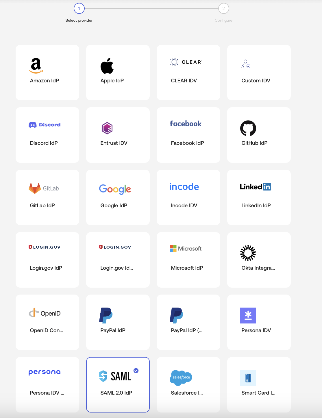 Okta identity provider catalog with SAML 2.0 IdP selected