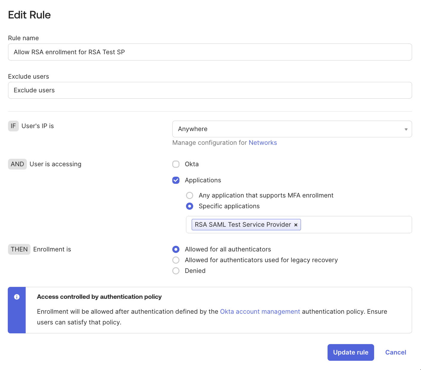 Okta enrollment policy rule scoped to a specific application