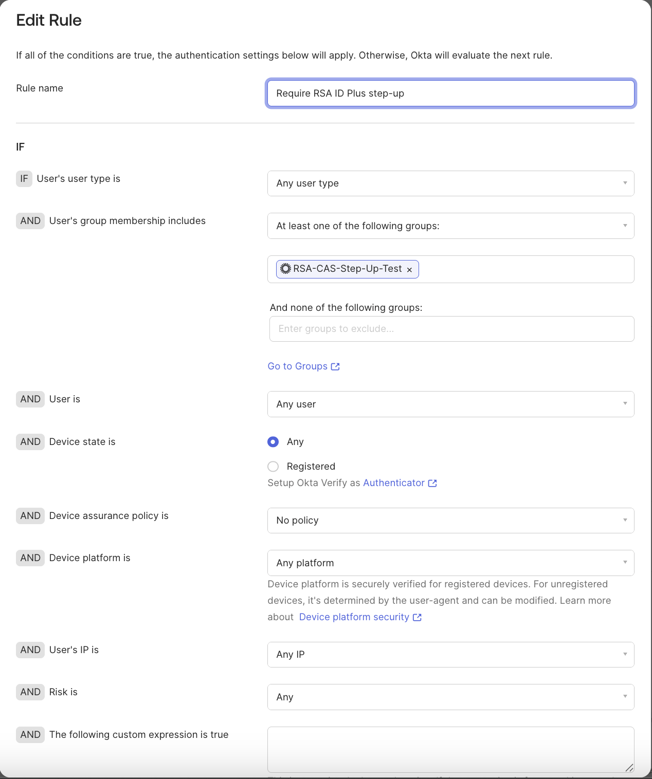 Okta authentication policy rule scoped to the RSA step-up group