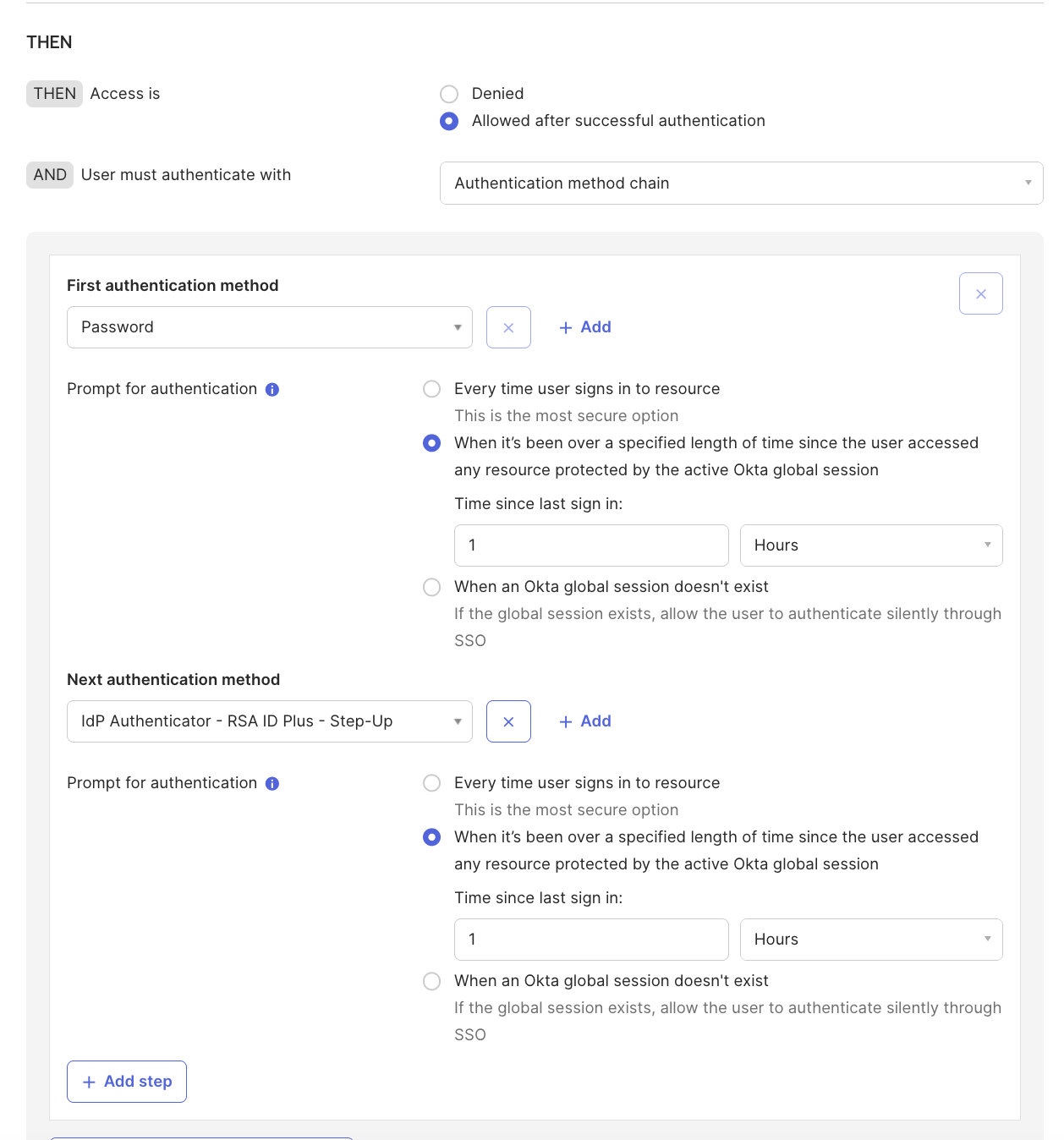 Okta authentication method chain with the RSA IdP Authenticator as the next method