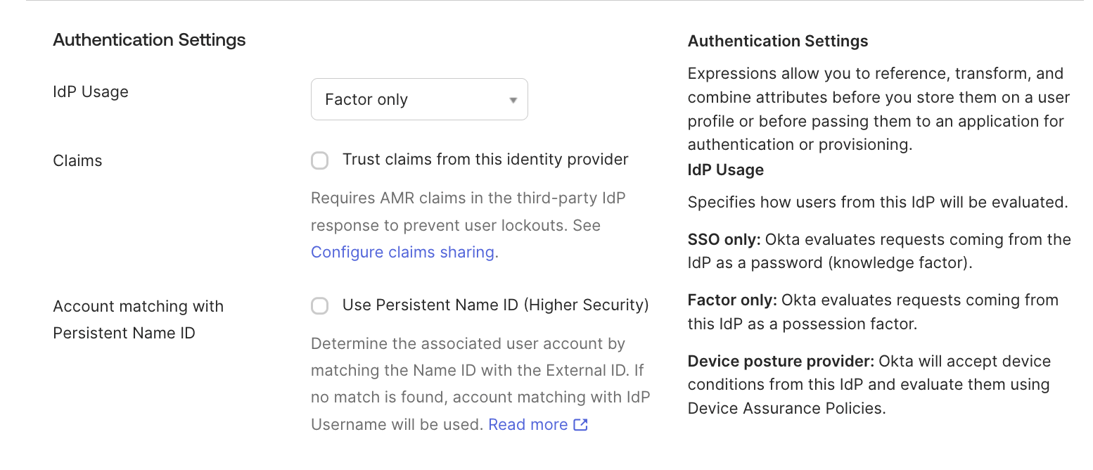 Okta Authentication Settings with Factor only selected
