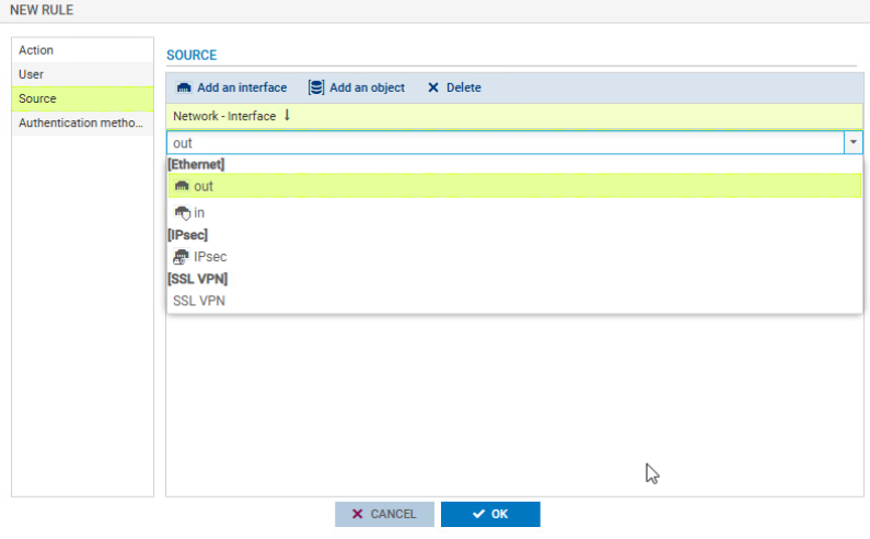 Stormshield policy source configured with the Ethernet out interface