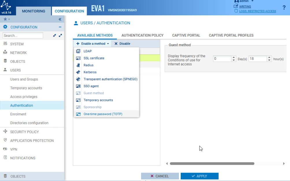 Stormshield authentication methods menu with Radius available