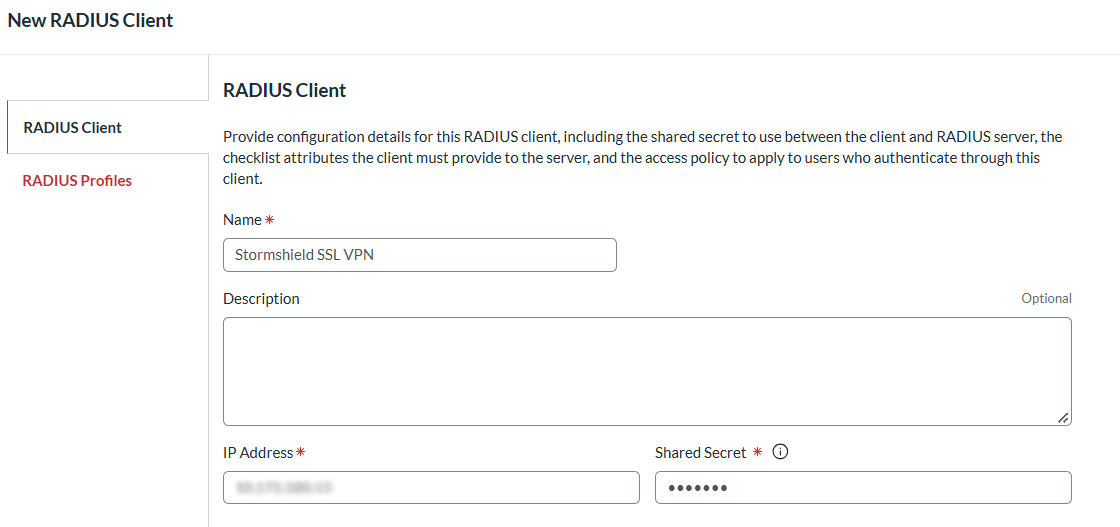 RSA RADIUS Client page configured for Stormshield SSL VPN