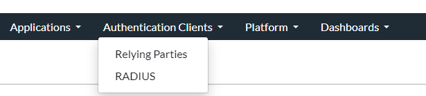RSA Authentication Clients menu with RADIUS available