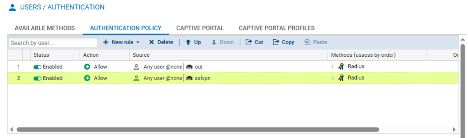 Stormshield RADIUS authentication policies enabled for out and SSL VPN