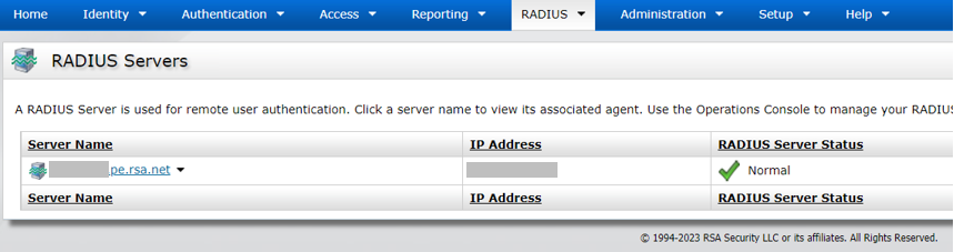 RSA Authentication Manager RADIUS Servers page