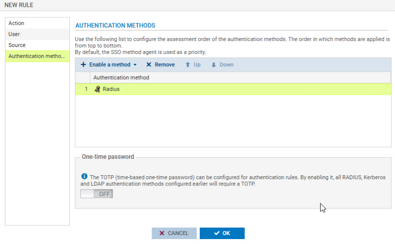 Stormshield authentication policy configured to use RADIUS