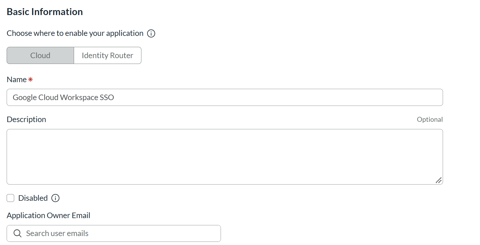RSA Basic Information page configured for Google Cloud Workforce Identity