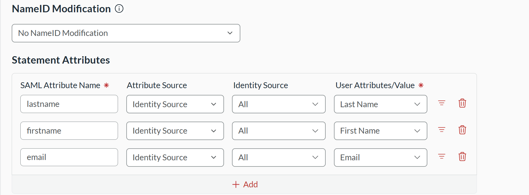 RSA Statement Attributes configured for last name, first name, and email