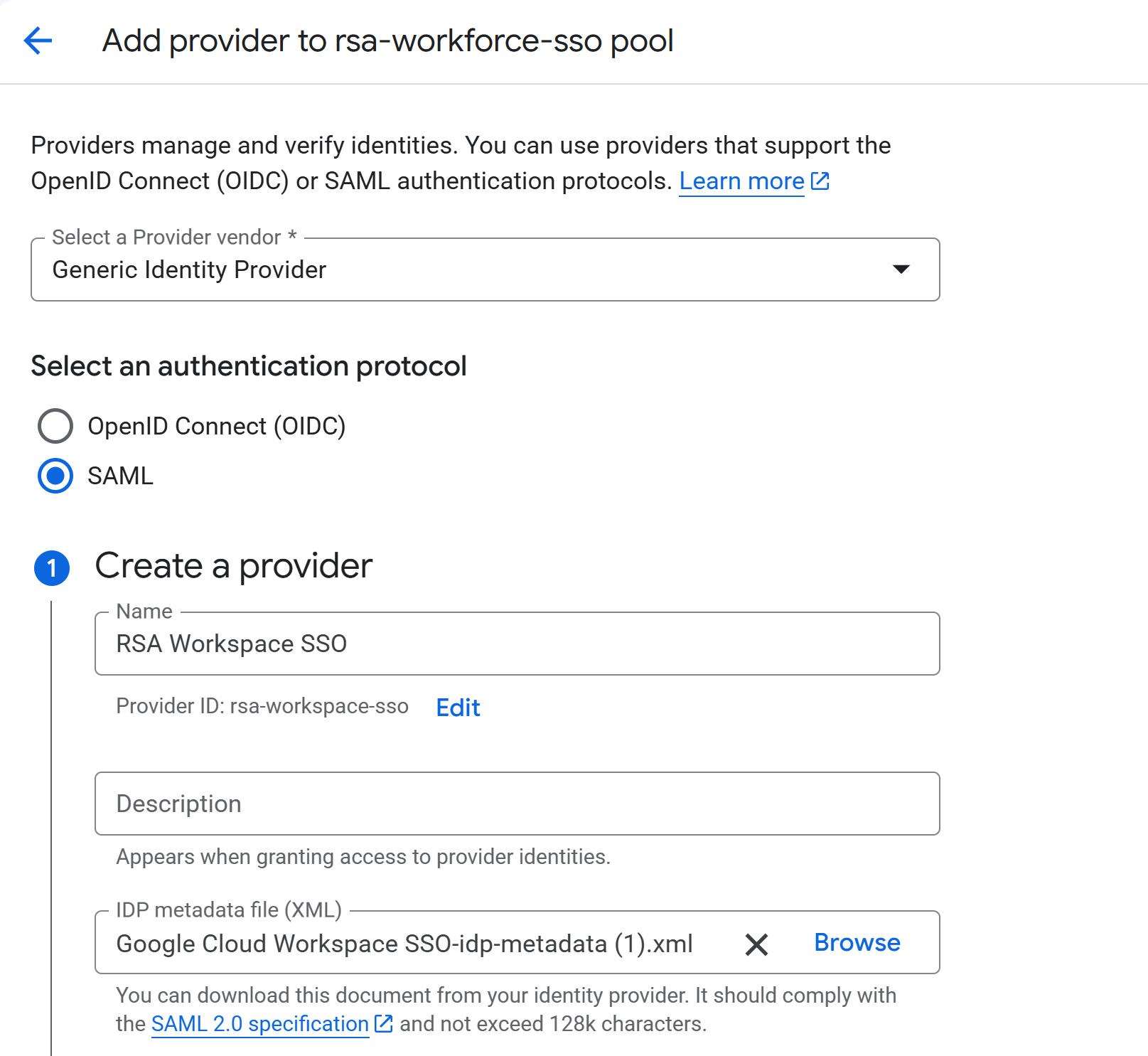 Google Cloud Workforce Identity SAML provider configuration with RSA metadata uploaded