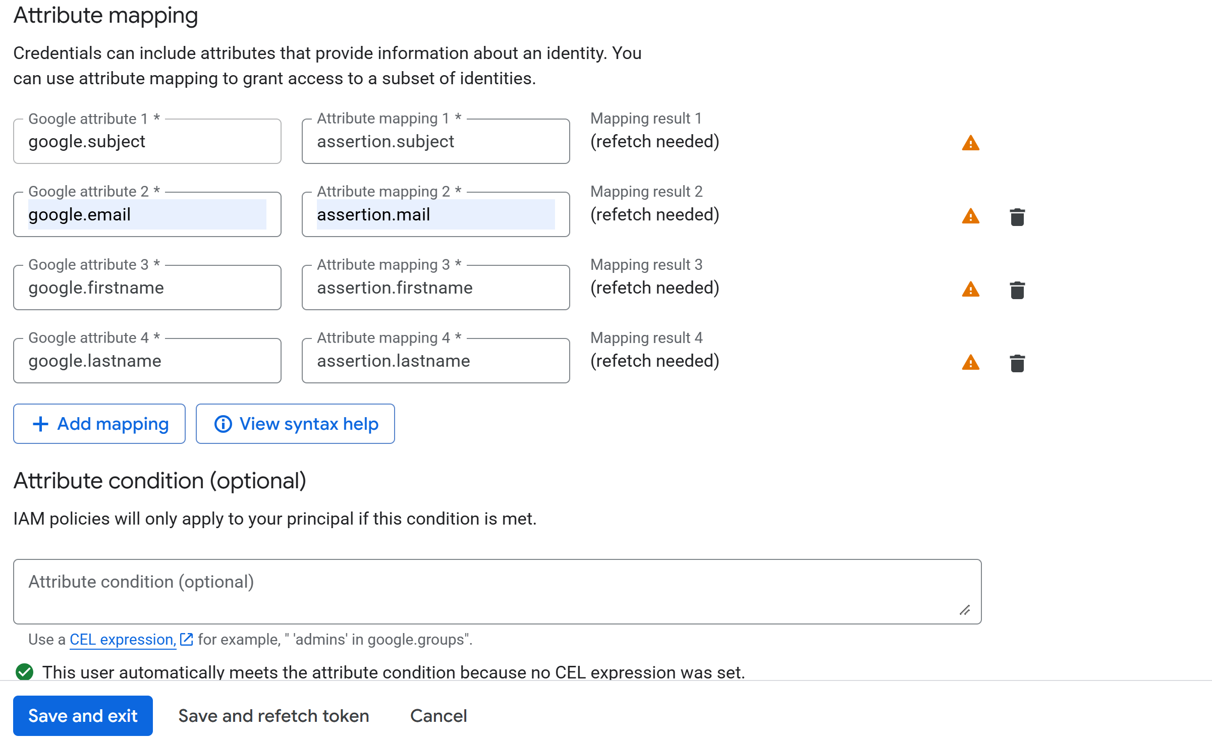 Google Cloud Workforce Identity attribute mappings for RSA SAML assertions
