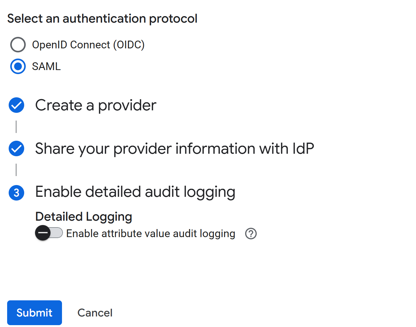 Google Cloud Workforce Identity detailed audit logging step
