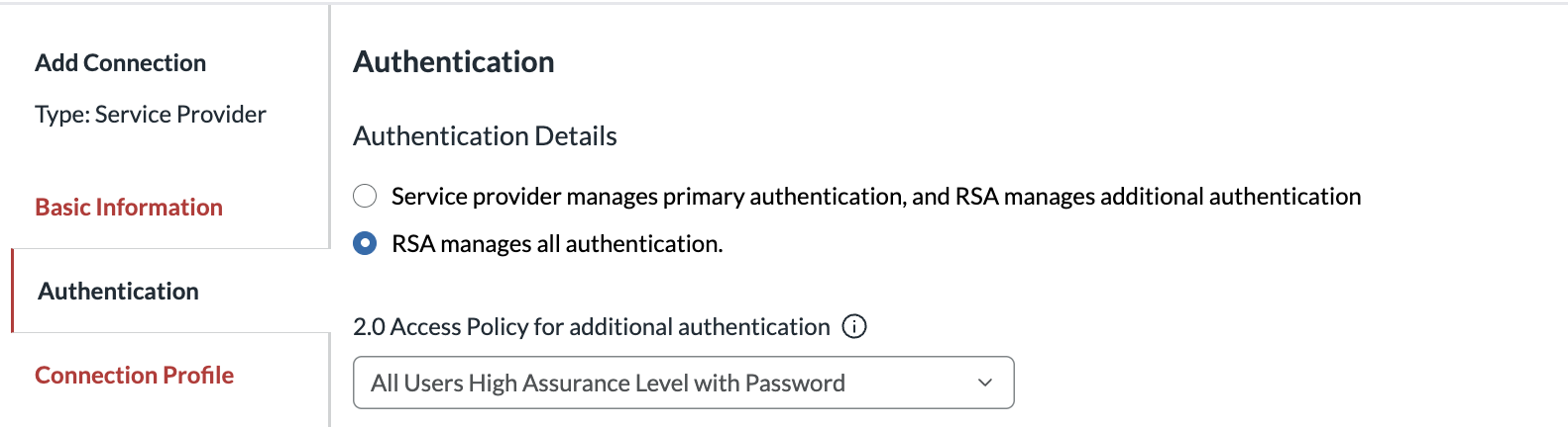 RSA Authentication page with RSA manages all authentication selected
